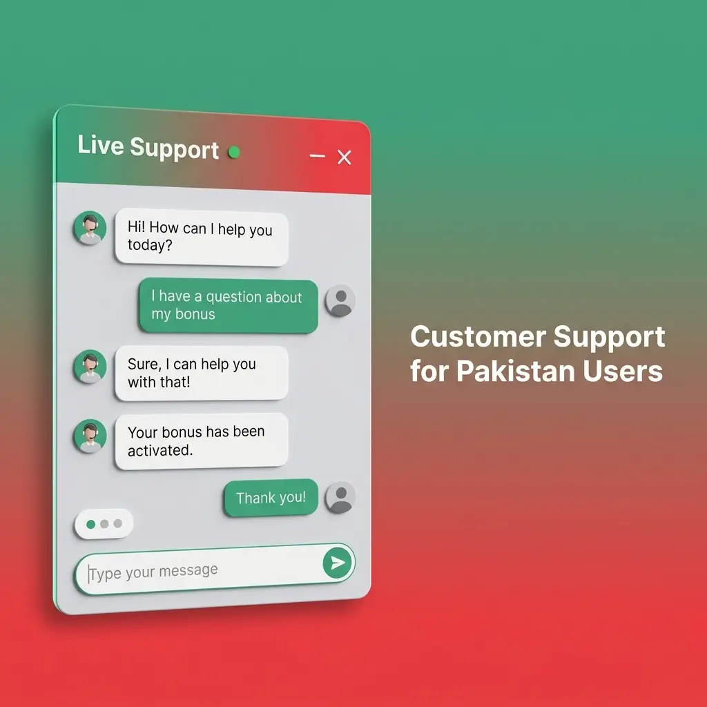 Customer support options for Pakistan users, including live chat, account help, bonuses, deposits and withdrawals