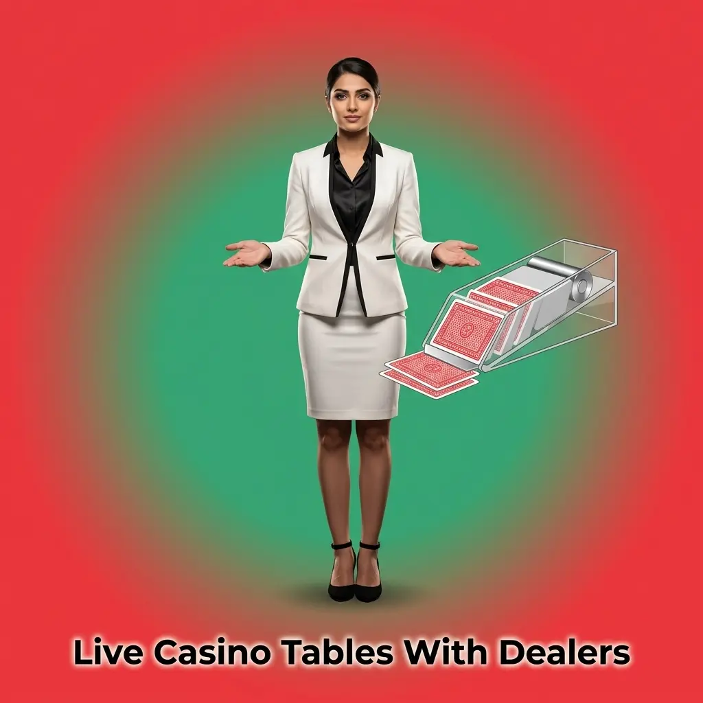 Live casino tables with dealers for roulette, blackjack, baccarat, Dragon Tiger and game shows