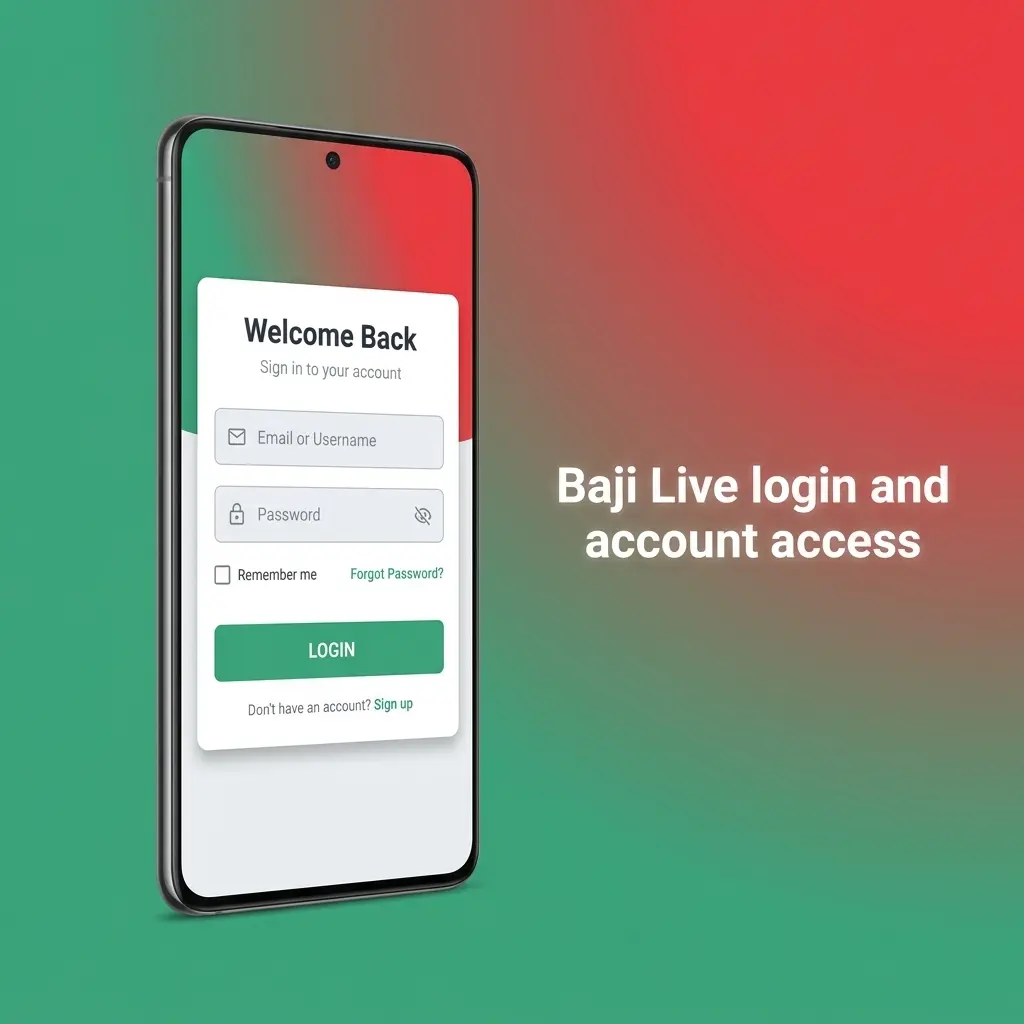 Baji Live login screen for account access to sportsbook, casino, cashier, bonuses, and profile pages