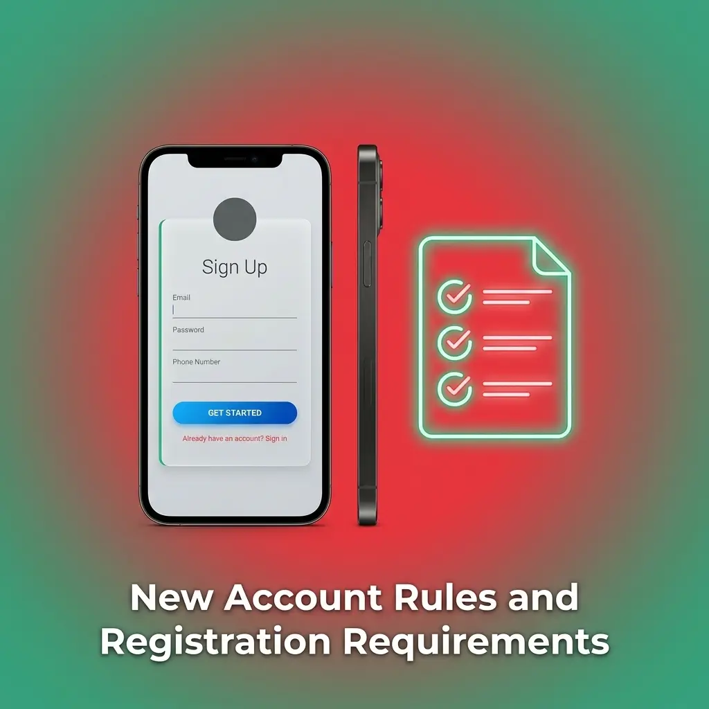New account registration rules showing 18+ age, personal details, CNIC verification, and one-account limit