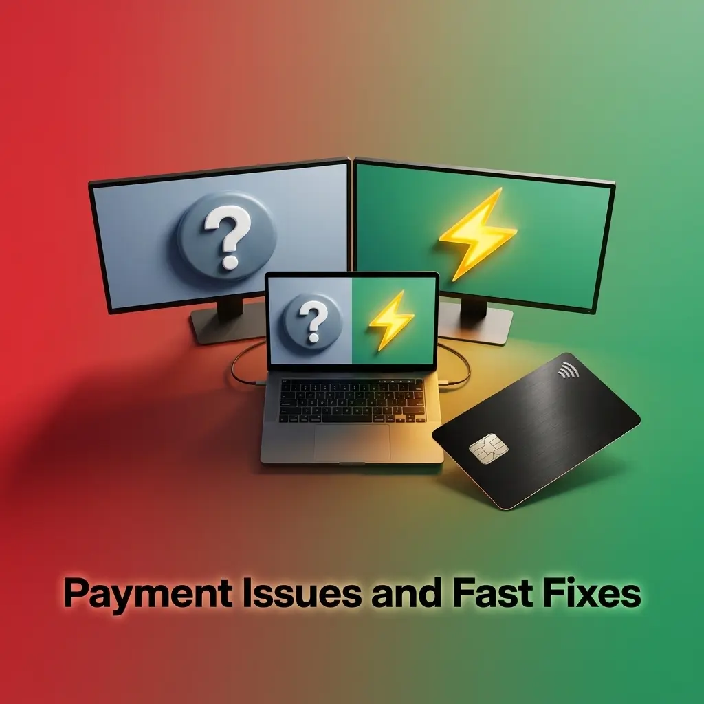 Payment issues guide showing quick fixes for OTP delays, wallet limits, ID errors, and crypto confirmations
