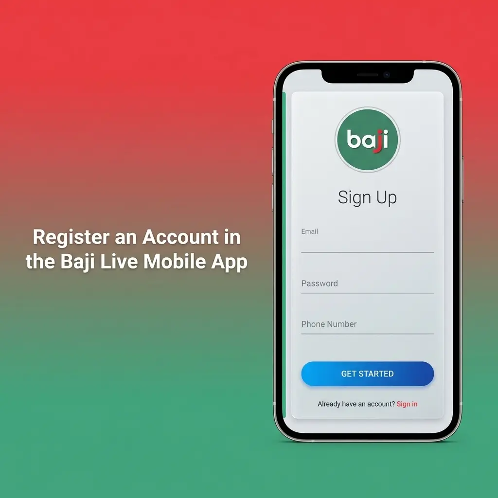 Baji Live mobile app registration screen for account sign-up with PKR currency selection