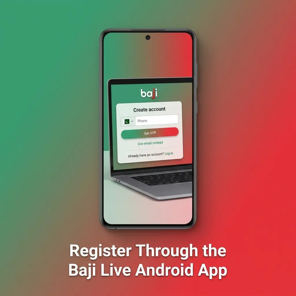 Baji Live Android app registration screen with login, wallet, casino, and sportsbook access