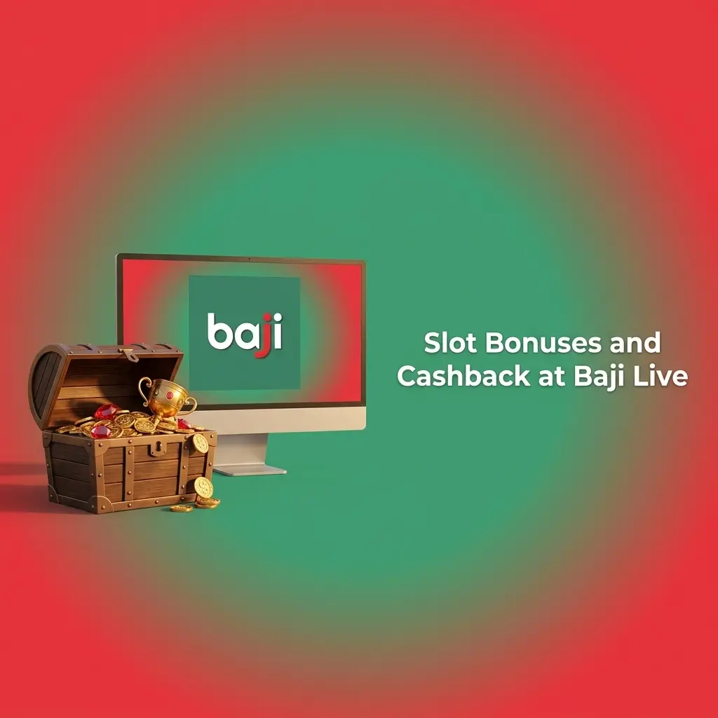 Baji Live slot bonuses and cashback promotions showing first deposit offer, reload rewards and Bonus History